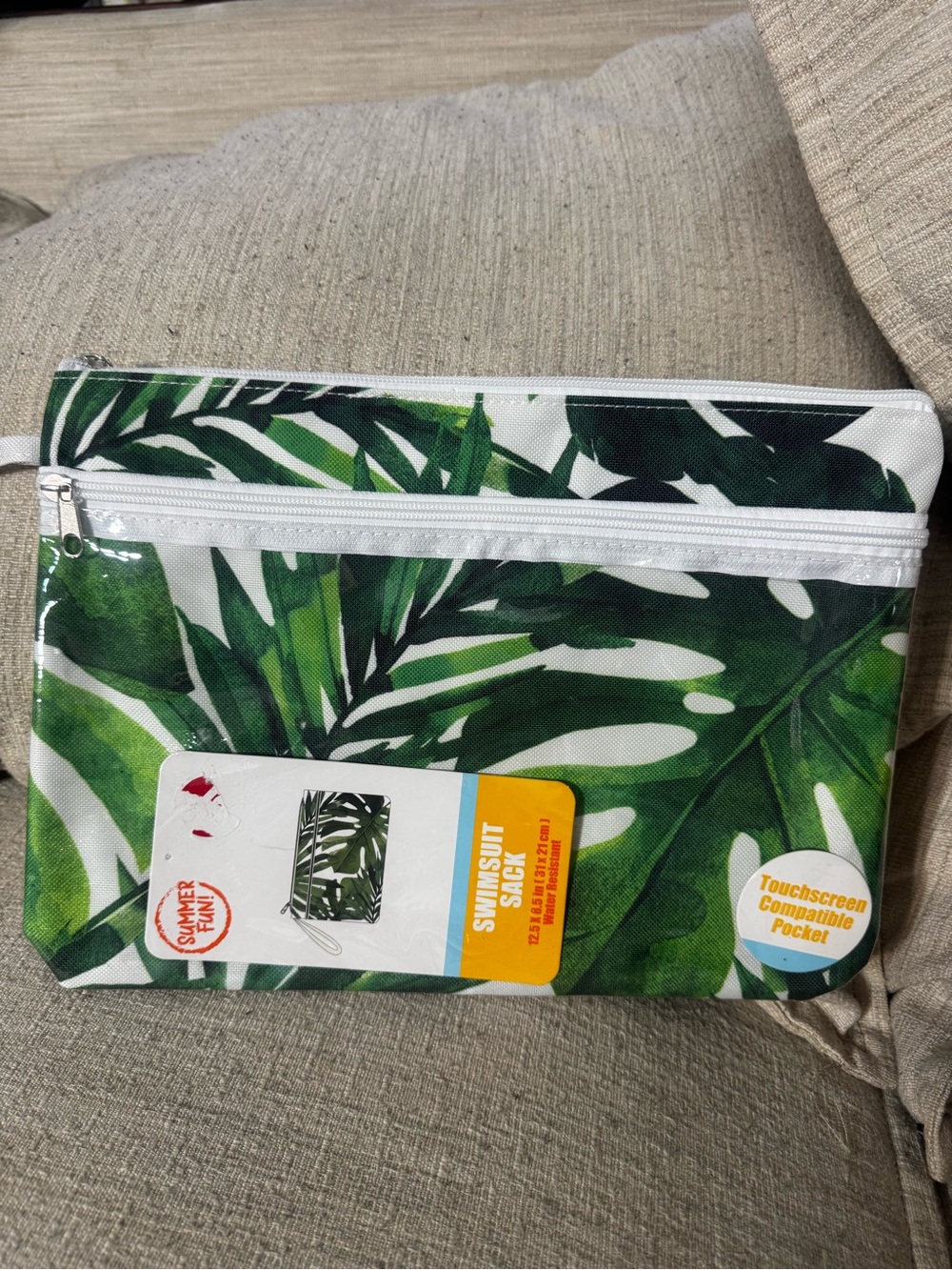 Green Tropical Leaf Cosmetic Bag with Touchscreen Pocket